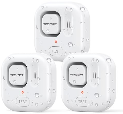 TECKNET Wassermelder, Eigenständiger Wassersensor mit kostenlosen Batterien, IP66 Wasserwarner, 120 dB Wasser Sensor, Batteriebetrieben, Wasseralarm für Küchen/Keller/Waschbecken/Boden (3er-Pack)