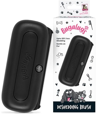 Bugalugs Deshedding Brush for Dogs, Cats, Horses - Pet Grooming Tool that is Gentle & Effective With Wide Shallow Comb, Smooth Groomer for Dog, Cat and Horse (Black)