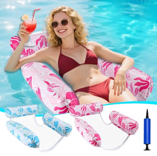 GCRQ Pool Inflatables Floats for Adults, 2-Pack Multi-Purpose Pool Hammock Floating Chairs, Heavy Duty PVC Material, Water Floats for Swimming Pool, Beach, Summer Pool Toys Party Gifts (Blue, Pink)