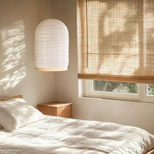 Methedeeco Hängelampe Stoff Bambus, 34 x 50 cm | Mit Stecker, Handgefertigt, 4,75 m Kabel, Boho Lampe für Schlafzimmer, Wohnzimmer, Essbereich, Ohne Leuchtmittel