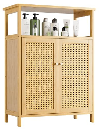 vovala Badezimmer Bodenständer Schrank, Bambus Aufbewahrungstisch mit 2 Rattantüren und 1 Regal, Beistelltor aus Holz für Flur, Wäscherei, Küche, Wohnzimmer (Natur)