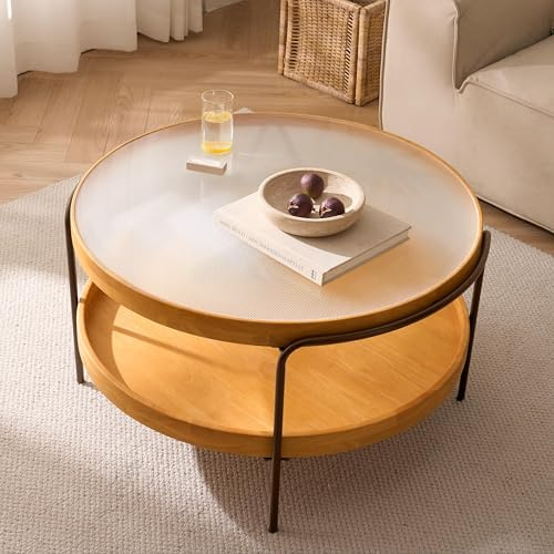 Cagnolier Couchtisch Rund, Wohnzimmertisch Rund, 2-Tier Coffee Table mit Stauraum, 83cm Couchtisch Runder Holz aus Glas mit Metallgestell,Ø83x46cm