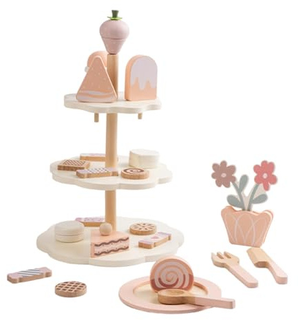 TTETTZ Service à Thé En Bois avec Présentoir à Cupcakes et Desserts pour Jeux de Rôle pour Enfants