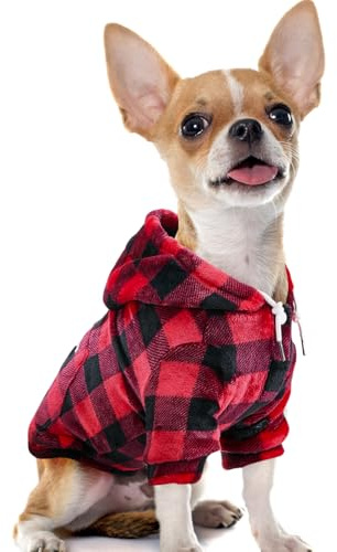 Eyein Kapuzenpullover für Hunde, Weiches und warmes Flanell-Material | Hundehoodie mit Reißverschlusstasche und Leinenöffnung, Hundebekleidung für Frühling Herbst Winter (Rot-Schwarz Kariert, S)