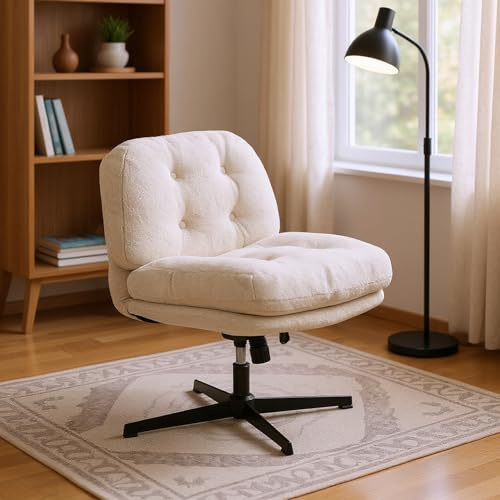 Meuble Cosy Fauteuil Salon Chaise Pivotant 360° Fonction d'inclinaison Hauteur Réglable Jambes Croisées sans Accoudoirs roulettes en Bouclette Blanc