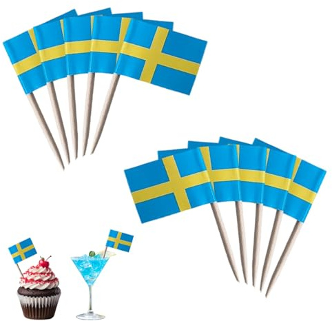 100 Stück Flaggen Spieße Schweden,Schweden Flagge Zahnstocher,Schweden Deko,Schwedische Deko Fahne,Schweden Cocktail Stick Flaggen,Zahnstochers mit Fähnchen für Cupcake Topper,Geschirr,Party Pub,EM WM