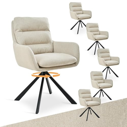 Bon Furni Esszimmerstuhl Drehbar 6er mit Armlehne – 360° Drehbarer Einzelstuhl mit Doppelter Rückenlehne und Abnehmbarem Sitzkissen,Beige