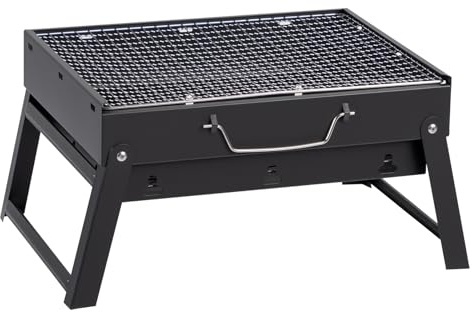 Bonnlo BBQ Barbecue Grill - Portable Folding Charcoal Barbecue, Desk Tabletop Stainless Steel Smoker for Picnic, Garden Terrace, Camping, Outdoor - Black