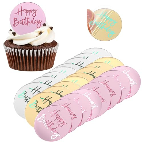Ouligay 24 PCS Mirror Happy Birthday Cupcake Toppers Round Acrylic Birthday Cake Toppers Engraved Happy Birthday Cake Toppers for Party Anniversary Pastries Decorations 3 Color
