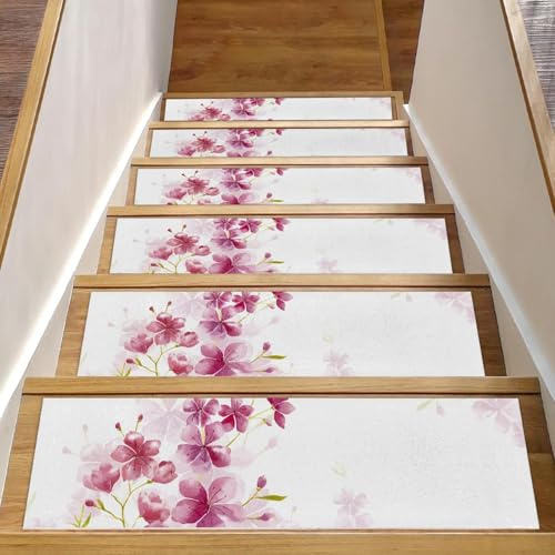RODAILYCAY Confezione da 15 gradini antiscivolo per gradini in legno, tappeti per scale, tappeti per scale in acquerello con fiori di ciliegio, tappetini di sicurezza per anziani, bambini e cani