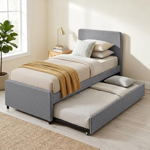 HOMCOM 3ft Single Bed Frame with Trundle Upholstered 90 x 190 cm Dark Grey | Pull Out Trundle Bed, Headboard and Footboard, for Adults & Teenagers, No Mattress