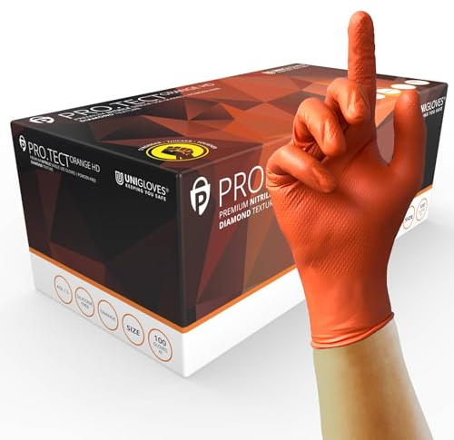 Unigloves PRO.TECT Orange HD GA0054 Nitrile Single Use - Ultra Heavyweight, Multipurpose Powder Free, Silicone Free Disposable Gloves, Box of 100 Gloves, Orange, Large