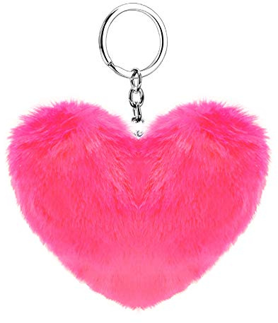 Soleebee Künstliche Kaninchenfell Keychain Flauschigen Liebesherz Pom Pom Schlüsselanhänger Taschen Koffer Rucksäcke Zubehör Charm Auto Schlüsselanhänger Schlüsselring für Frauen Mädchen (Pink)