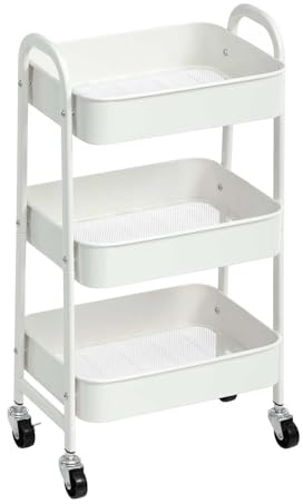 AGTEK 3 Tier Utility Rolling Cart with Lockable Wheels, Metal Multifunctional Storage, Organizer Cart for Kitchen, Office, Living Room, Makeup, Craft, Art Studio, White