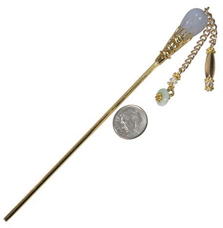 Hair Stick, Adult Artisan Blue Lace Agate Genuine Gemstone+ Gold Colored 5.5 Hairstick (Basket Slightly Bend By Design for Artistic Flair) with Genuine Austrian Crystal x1pc