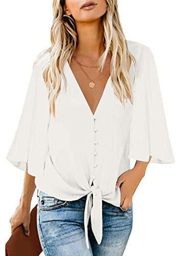Roskiky Damen Bluse Chiffon Elegant V-Ausschnitt Bell Sleeve Fledermausärmel Oberteile Hemd Loose Tops mit 3 4 Arm Weiß Large