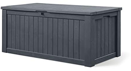 Koll Living Auflagenbox/Kissenbox 570 Liter l 100% Wasserdicht l mit Belüftung dadurch kein übler Geruch/Schimmel l Moderne Holzoptik l Deckel belastbar bis 250 KG (2 Personen) (GRAU)