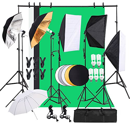 Alightup Kit d'Éclairage Photo Studio 5-en-1 avec Système de Support Réglable - 3 Softbox, Ombrelles, Réflecteur, Toiles de Fond et Sac de Transport pour Portraits