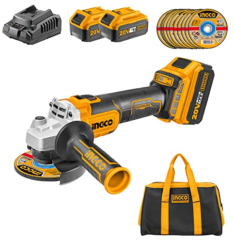 Amoladora de ángulo Inalámbrica INGCO 115mm con 2PCS Batería 20V 4.0Ah Sin Escobillas, 10PCS Discos, M14 Herramienta de Corte, 3000/8500 rpm (4.0 Ah)
