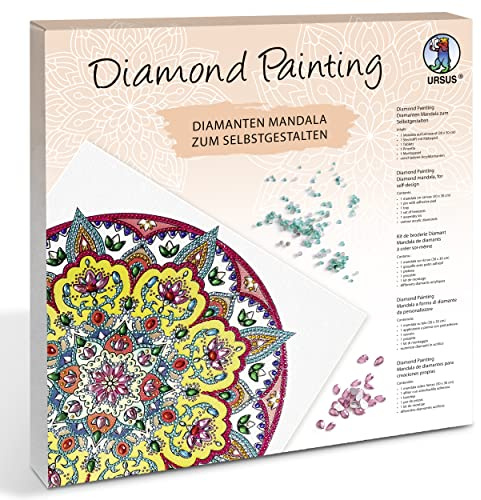 Ursus 43520003F – Juego de 3 mandala para pintura de diamantes, set de manualidades con piedras en amarillo, blanco y rojo, 1 lienzo de 30 x 30 x 1,5 cm