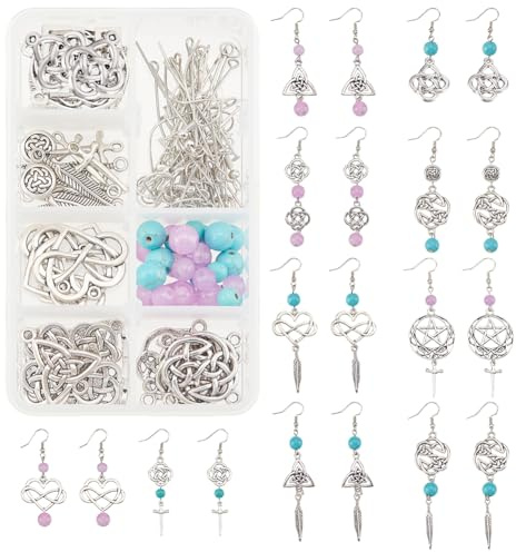 SUNNYCLUE 1 Box Zum Selbermachen von Trinity-Knoten-Ohrringen, Starter-Kit, Tibetischer Stil, Knotenglieder, Charms, Herz-Anhänger, Türkisfarbene Perlen, Zubehör Für Frauen, Erwachsene, DIY-Oh