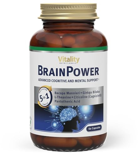 Brain Power Kapseln mit Ginkgo Biloba, Brahmi, L-Theanin, Koffein (60 Stk) Brain Booster Komplex für Arbeit, Uni, Gaming; Gehirnleistung, Konzentration & Gedächtnis Kapseln Vitality Nutritionals