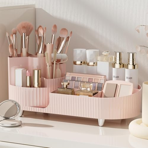 Booklov Rotating Makeup Caddy Organizer for Vanity, Large Capacity Cosmetic Display Case, Countertop Beauty Storage Holder for Skincare, Brush Eyeshadow Lipstick, Counter Desk Organization, Pink