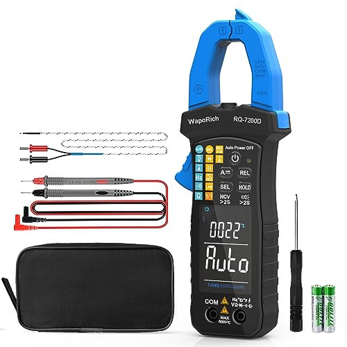 Digital Clamp Meter TRMS 6000 Counts Multimeter, WapoRich Ammeter Voltmeter Tester with Auto Range NCV Measures AC DC Voltage Current Resistance Continuity Capacitance Diodes Temp Frequency RQ-7200D