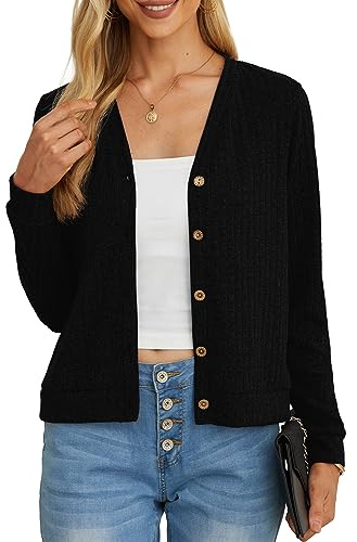 GRECERELLE Women's Crop Cardigan Summer Long Sleeve V-Neck Button Down Knit Lightweight Outerwear Shrug Shawl Bolero Cardigans for Ladies (Black, XXL)