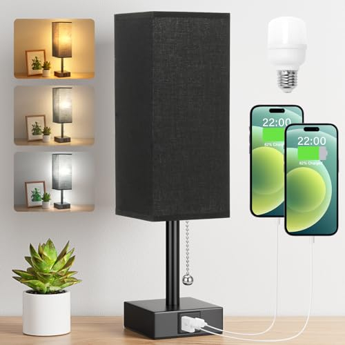 Kakanuo Nachttischlampe mit USB A+C-Anschlüssen, 3 Farbtemperaturen, Kleine Lampe mit Zugschalter Schwarz Stoff-Lampenschirm, Tischlampe für Nachttisch Wohnzimmer Schlafzimmer Büro Kinderzimmer
