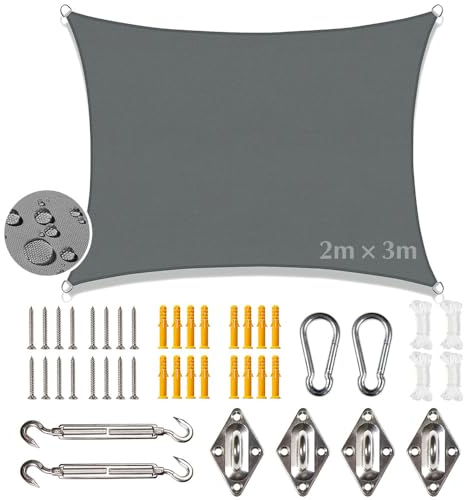 Sonnensegel Wasserdicht 2x3m mit Befestigungs,Sonnensegel Rechteckig mit ösen für Balkon UV Schutz Sonnenschutz Markise ReißFest Wetterfest,für Terrasse Garten Schwimmbad
