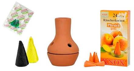 KNOX Feuertöpfchen Natur - Größe: ca. 9 cm - Inklusive Räucherkerzen - Düfte: Opium XXL & Pfirsich M & Lemon XXL - mit 3 Räucherkerzen Proben von Meeresbriese