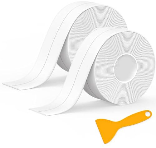 Bath Sealant Strip, 2 Rolls Bathroom Sealant Tape, Self Adhesive Caulk Strip Sealant Tape for Kitchen, Toilet, Wall Corner with Sealing Tool, White（11FT）