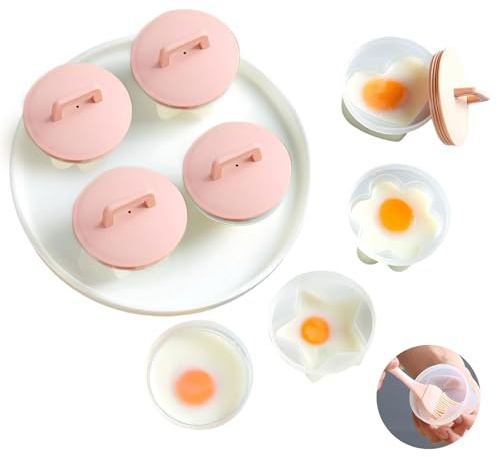 Teeloray Egg Poacher Cups, 4 Pcs Poached Egg Cooker with Lid and Oil Brush Egg Coddler 4 Shapes Reusable Egg Molds, BPA Free Nonstick Egg Poaching Cups for Boiled Eggs Without Shell, Pink