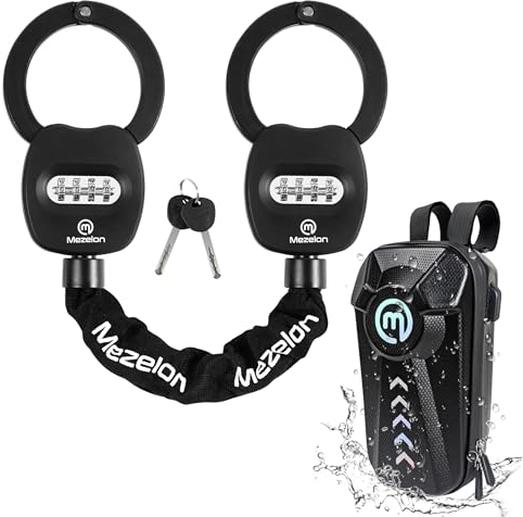 Mezelon E Scooter Schloss mit Zahlencode | Zahlenschloss für E Scooter | 8mm-Kettenglied Hochsicherheits-Schlösser | Handschellenschloss | Schlösser für E Roller mit 3L Wasserdichte Tasch