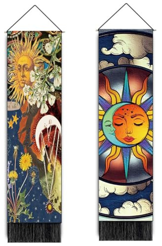 Ricemru Lang Schmal Wandteppich Aesthetic Vintage Sonnengott Sonne Mond Sterne Blumen 2er Pack Wandbehang Schmaler Tarot Tarotkarten Wanddeko Wandtücher Deko mit Quastet
