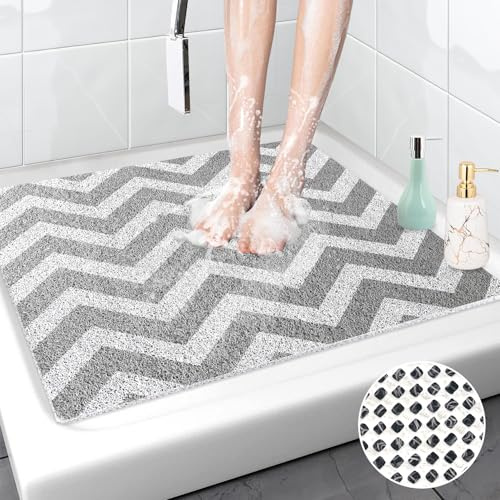 Duschmatte rutschfest 80x80 cm, Komfort Weiche-Massage-Badematte mit Drainage, Schnelltrocknende Badezimmermatten, Waschbare PVC-Luffa-Duschmatte für Duschkabine Grau