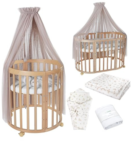 waldin Babybett Oval 7in1, Matratze, Rollen, Regal, Natur | Taupe Zweige, Mitwachsend, Beistellbett aus Holz, Wiege optional