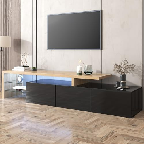 BTM Meuble TV en Verre, Banc TV LED, Rangement Pratique, pour Télévisions 90 Pouces, Salon Chambre, Noir Brillant et Bois, 200x39x42 cm