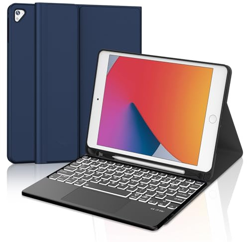 JADEMALL Für iPad 6. Generation Hülle mit Tastatur, Touchpad & 7-Farben Backlight, Abnehmbare Bluetooth Tastatur für iPad 5./6. Gen, Pro 9.7, Air 1 & 2, QWERTZ Deutsch – Dunkelblau