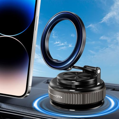 PANAMALAR Magnet Car Phone Holder, Upgraded 3-Axis Folding Magnet Phone Holder with Vacuum Suction Cup, 360°Rotation Car Phone Mount for iPhone 16/15/4/13/12 or Android Phone(Metal Ring Included)