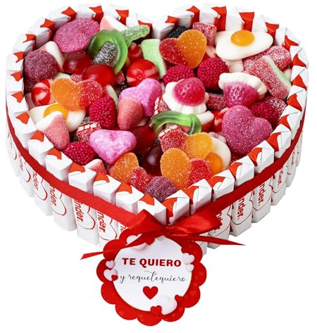 Onza Regalo dia de la madre original - Cesta de Chocolates Kinder y Chucherías para Regalar - Corazón Chocolatinas Kinder - Gran Surtido Chuches y Gominolas