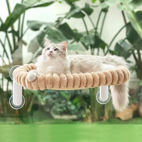 GUUSII HOME Hamaca Gato Ventana Plegable Cama con Ventosa Fuerte Gatos Grande Colgante Soporte Camita para Gatitos de Interior con Alfombra Reversible Cat Window Perch Bed 54 * 30cm (Camello Claro, M)