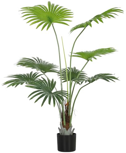 HOMCOM 145cm Artificial Palm Tree, Decorative Artificial Plant with Lifelike PEVA Leaves and Coconut Coir, Fake Tree with Plastic Pot and Flocking for Home Office Decor, Green