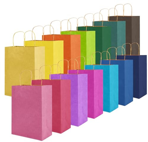 Pupugut 14 Stück Geschenktüten, 16 x 8 x 21cm Kleine Papiertüten, Kraftpapiertüten mit Henkel, Bunt Geschenktaschen für Geburtstag Hochzeit Party Weihnachten Celebration Feiern
