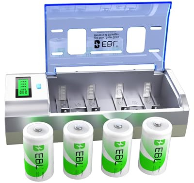 EBL 10000mAh Rechargeable D Batteries 4-Pack with LCD Universal Charger for AA/AAA/C/D Ni-MH Ni-CD Rechargeable Batteries