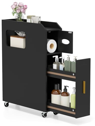 LIFEZEAL Badezimmerschrank klein, Nischenschrank mit Toilettenpapier-Box, Bürstenhalter & Schublade, Badschrank Nischenregal schmal für Waschküche, Wohnzimmer, Badezimmer (Schwarz) | Schmaler Beistelltisch mit Papierhalter, Zahnbürstenhalter und Schublade, ideal für Waschküche, Wohnzimmer oder Badezimmer