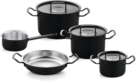 Fissler Original-Profi Collection Shadow Line, 5-teiliges Edelstahl-Topfset, Limitierte Jubiläumsedition, 3 Kochtöpfe, Servierpfanne, Stielkasserolle, Schwarz