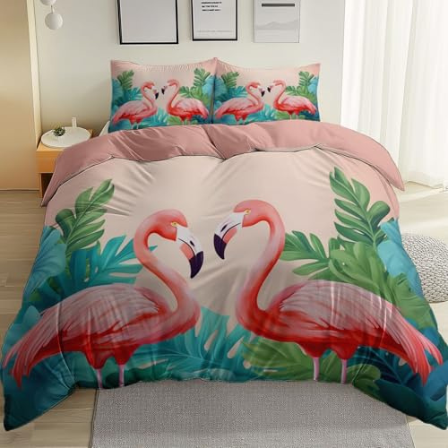 Reversible Duvet Cover Sets Super King - Cartoon Flamingo Monstera Leaf Printed Easy Care Microfiber Bedding Set with Zipper, Breathable Quilt Cover Set for Hotel Guest Room Decor, Peach