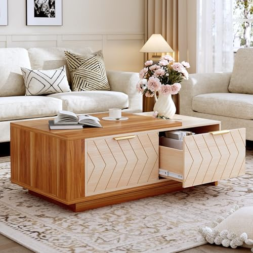 Aivermeil 104cm-165cm Adjustable Modern Centre Table with Hidden Compartment | Space Saving Extendable Coffee Table & Two-Tone Wood Design for Small Living Rooms (Walnut)